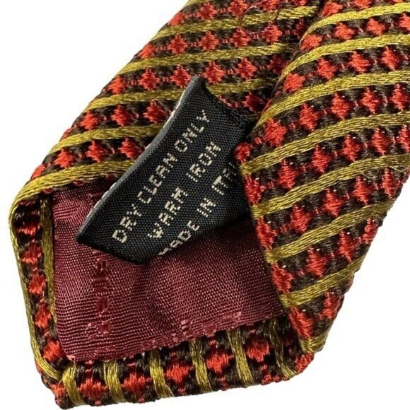 Ermenegildo Zegna Italian Silk Neck Tie Checkered Stripe Print 58" Long Red Gold - Picture 7 of 9